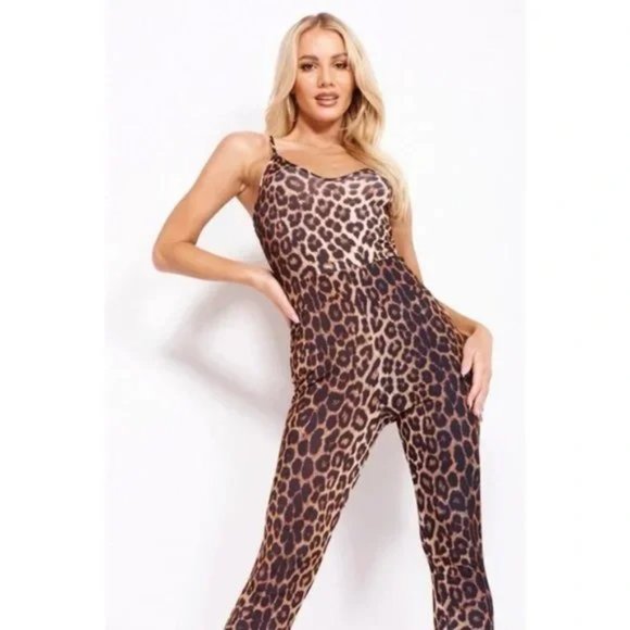 Leopard Print Animal Print Sleeveless V-Neck Bodycon Jumpsuit Playsuit - Picture 6 of 16